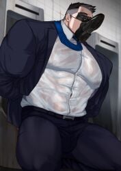 1boy abs absol_(dkqthf) arms_behind_back bara beefy big_breasts big_bulge black_hair blurry_background breast_bigger_than_head broad_shoulders bruise bruised_face bulge bulge_through_clothing business_suit covered_eyes daddy dilf eyes_covered gay hi_res huge_breasts hunk indoors kneeling light_skin male male_breasts male_only manly maou_abusorun masochism mature_male muscles muscular muscular_arms muscular_legs muscular_male muscular_thighs necktie oppai original original_character pale_skin pecs public_toilet quadriceps shaved_side shoe_sniffing short_hair six_pack sniffing sniffing_shoe solo spiky_hair spread_legs suit sweat sweatdrop tape taped_eyes thick tight_clothing tile_wall toilet tough_guy translucent_clothing urinal wet_clothes white_shirt yaoi