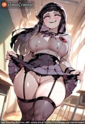 ai_generated asmutcriminal bangs black_hair blunt_bangs blush breasts chair chalkboard classroom clothes_lift curtsey desk dress_lift female flashing garter_belt garter_straps indoors large_breasts lifted_by_self long_hair looking_at_viewer no_panties on_desk pleated_skirt presenting purple_eyes sailor_collar school school_chair school_desk school_uniform sitting_on_desk skindentation skirt skirt_hold skirt_lift smile solo sweat table tagme thick_thighs thighhighs thighs