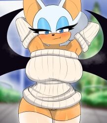 absurd_res armwear bat bat_wings bedroom_eyes big_breasts big_ears big_wings black_nose black_wings blue_eyes blue_eyeshadow blue_pupils blush bodily_fluids breasts clothing cute_fangs detached_sleeves detailed digital_drawing_(artwork) digital_media_(artwork) eyelashes eyeshadow fangs female fur genitals hair hands_behind_head hi_res lawgx legwear makeup mammal membrane_(anatomy) membranous_wings narrowed_eyes pose pupils pussy pussy_peek rouge_the_bat seductive sega short_hair smile smirk sonic_(series) sonic_the_hedgehog_(series) sweat sweatdrop sweater sweaty_armpit tan_body tan_inner_ear tan_skin teeth thick_eyelashes thick_thighs thigh_highs topwear white_body white_ears white_fur white_hair wide_hips wings