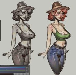 1girls 2024 bare_midriff bare_shoulders belt big_breasts blue_eyes blue_pants blush bra cleavage clothed clothed_female crop_top denim_jeans extinctyellow female female_only freckles freckles_on_face freckles_on_shoulders green_shirt hat light-skinned_female light_skin looking_down looking_up navel no_background pale-skinned_female pale_skin red_hair red_lipstick short_hair sleeveless_shirt underwear wide_hips