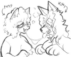2girls anthro anthro_only blush blush cat_ears cat_girl cat_tail catgirl english_text exposed_breasts furry furry_only glasses kissing punkitt punkitt_(fursona) shirtless spit_trail sweat sweating text topless trans_woman trans_woman_(lore) werewolf werewolf_girl wolf_ears wolf_girl wolf_tail wolfgirl9million yuri