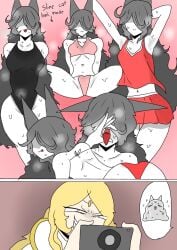 2girls aphrodite_(the_battle_cats) big_ass big_breasts bikini cat_ears gray_hair kasli_the_scourge navel skirt slime swimsuit the_battle_cats thighs tongue white_eyes yellow_eyes yellow_hair