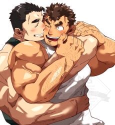 2boys bara fiery_horns highres horns kizami_nori_to_yamaimo large_pectorals male male_focus mature_male multiple_boys muscular muscular_male pectoral_cleavage pectorals protagonist_3_(housamo) takabushi_kengo thick_eyebrows tokyo_afterschool_summoners yaoi