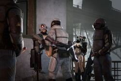 2girls 3d combine_(half-life_series) combine_assassin_(half-life_series) cum cum_in_mouth cum_on_body cum_on_breasts cum_on_face dubious_consent gangbang half-life_(series) mask masked_female multiple_boys omgmomg outdoors sex sfm valve