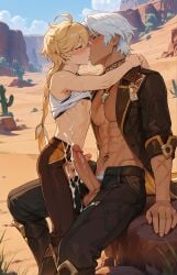 2boys abs aether_(genshin_impact) ai_generated arms_around_neck arms_around_partner big_penis blonde_hair_male brown_nipples clothed_male cum_on_pants cum_on_partner cute daddy desert drool_string drooling french_kiss genshin_impact hunk ifa_(genshin_impact) intimate intimate_pose kissing legs_spread light_skinned_female long_hair_male male male/male male_only muscular_male neck_tattoo scars scars_on_arm short_hair_male short_male sitting sitting_down sitting_on_another sitting_on_lap sitting_on_partner sitting_on_person sitting_on_thigh size_difference small_penis tan_skinned_male twink white_hair_male white_pubic_hair yaoi