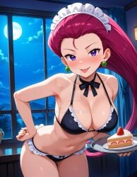 1girls 2025 4kids_entertainment ai_generated anime belly deviantart elryusam female green_earrings hand_on_hip holding_plate jessie_(pokemon) maid maid_bikini maid_headband maid_headdress maid_uniform meta nintendo not_porn orange_cheeks pink_hair pokemon purple_eyes team_rocket tounge_out tummy
