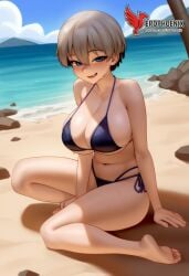 1girls 2d ai_generated ass back barefoot beach big_ass big_breasts bikini bikini_top blue_bikini blue_eyes cleavage day erophoenix feet gray_hair looking_at_viewer looking_back outdoors pale_skinned_female patreon_username short_hair sitting skin_fang sky smile soles solo swimsuit two-tone_hair uncensored uzaki-chan_wa_asobitai! uzaki_hana white_hair