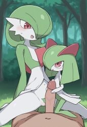 2girls ai_generated big_penis blush cowgirl_position cum cum_drip decensored faceless_male female_on_top female_pubic_hair flat_chest gardevoir green_hair holding_penis kirlia open_mouth pokemon pokemon_(species) sweat sweatdrop