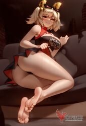 1girls 2d ai_generated ass back bangs bare_shoulders barefoot big_ass big_breasts black_panties blonde_hair burnice_white cleavage dress erophoenix feet female female_focus full_body long_hair looking_at_viewer navel pale_skin pale_skinned_female panties patreon_username red_eyes sitting skirt smile soles solo sports_bra thick thick_thighs toes twintails uncensored underwear zenless_zone_zero