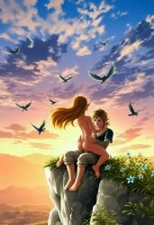 1boy 1girl1boy 1girls ai_generated ass barefoot bird blonde_hair blue_eyes cliff clothed_male_nude_female cloud clouds cloudy_sky day female flower full_body grass hands_on_hips link mountain mountainous_horizon nintendo nude nude_female outdoors pointy_ears portrait princess_zelda rock scenery sex straddling sunset the_legend_of_zelda the_legend_of_zelda:_breath_of_the_wild the_legend_of_zelda:_tears_of_the_kingdom twilight vaginal_insertion vaginal_penetration vaginal_sex wide_shot zelda_(breath_of_the_wild) zelda_(tears_of_the_kingdom)