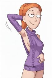 ai_generated armpits clothed female halfaslime hand_behind_head looking_at_viewer panties ponytail purple_sweater red_hair red_head rick_and_morty sideboob simple_background smile solo standing summer_smith
