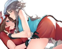 2girls ariekochan artist_name bandana bare_shoulders blue_eyes blue_shirt blush breasts brown_hair commentary_request english_text grabbing_another's_thighs hat highres in-franchise_crossover jacket large_breasts leaf_(pokemon) long_hair may_(pokemon) miniskirt multiple_girls pokemon pokemon_frlg pokemon_rse red_bandana red_jacket red_skirt shirt simple_background skirt twitter_username watermark white_background white_hat yuri