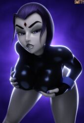 big_ass big_breasts cartoon_network dc dc_comics fully_clothed grey_skin large_ass large_breasts purple_eyes purple_hair raven_(dc) smitty34 solo teen_titans thick_thighs wide_hips