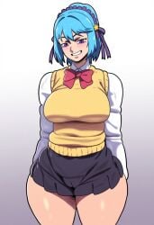 ai_generated bedroom_eyes big_breasts blue_hair d-art_style grin kurono_kurumu large_breasts novelai purple_eyes rosario+vampire succubus that_guy9001 thick_thighs thighs wide_hips