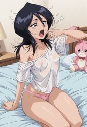 1girls ai_generated ambrose bedroom black_hair kuchiki_rukia medium_hair messy_hair nipple_bulge no_bra off-shoulder_shirt on_bed panties petite pink_panties plushie purple_eyes ribbon_panties self_upload sitting skinny sleepy small_breasts stable_diffusion t-shirt thigh_gap transparent_clothing waking_up yawn