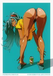 alternate_breast_size aqua_hair ass bent_over borrowed_design brazilian_miku breasts dark-skinned_female dark_skin denim denim_shorts earrings feet female flou hanging_breasts hatsune_miku highres jewelry large_breasts legs long_hair looking_at_viewer micro_shorts open_mouth partially_visible_vulva patreon_username sandals shirt shorts solo tan tanlines teeth tiptoes toenails toes twintails upper_teeth_only vocaloid wedgie yellow_shirt