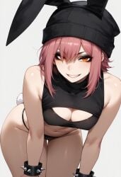 ai_generated ass bent_over big_ass brat cleavage flirting hexd leaning_forward orange_eyes original_character pink_hair smirk thick_thighs thighs