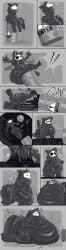 2024 absurd_res accident annoyed anthro belly belly_grab belly_overhang big_belly black_body black_fur changed_(video_game) comic falling fat_folds fluffy fur hi_res huge_belly hyper hyper_belly immobile inflation latex liquid_inflation liquid_latex male mask monochrome obese obese_anthro obese_male overweight overweight_anthro overweight_male puddle puro_(changed) savourysausages sketch solo surprise surprised_expression weight_gain white_mask