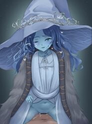 1boy absurdres bar_censor blue_eyes blue_hair blue_hat blue_skin blue_theme censored colored_skin commentary_request cum cum_in_pussy cum_overflow deep_penetration elden_ring female hat heart highres kazami_windy long_hair navel one_eye_closed open_mouth petite pussy ranni_the_witch solo_focus straight textless_version variant_set witch_hat