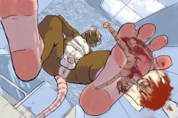 2007 anthro anus balls bathroom belly blood blue_wall bodily_fluids brown_body brown_eyes brown_fur colored death detailed_background duo erection feet felid feline flaccid foot_crush fur genitals gore grin hair jeri_kleinlowe killing looking_down macro male male/male mammal micro mouse_tail nipples nude penis pink_anus rodent rust shower sink smile standing white_body white_fur