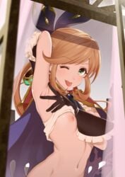 ;p arm_up armpit_focus armpit_spread armpits black_gloves blush breasts brown_hair cape clarisse_(granblue_fantasy) female gloves granblue_fantasy green_eyes hair_ribbon long_hair looking_at_viewer nagashii_kouhei naughty navel nipples no_bra one_eye_closed ponytail ribbon shirt_lift showing_armpits smile solo teasing tied_hair tongue tongue_out