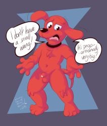 abstract_background absurd_res anthro balls canid canine chest_tuft clifford_(clifford_the_big_red_dog) clifford_the_big_red_dog collar confusion dialogue english_text foreskin frustrated frustration fur genitals hi_res humanoid humanoid_genitalia humanoid_penis male mammal penis red_body red_fur roarey_raccoon small_balls small_penis solo speech_bubble text tuft