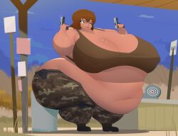1girls belly belly_overhang boots breasts brown_eyes brown_hair camouflage_pants cleavage commoddity fat female female_focus female_only gun guns hips kimberlyn_(wilfordbrimley) large_breasts midriff nipple_bulge overweight overweight_female stomach tank_top target thick_thighs thighs weapon weapons wide_hips