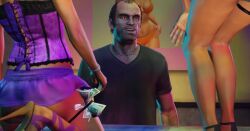 1boy 2girls 3d 3d_render absurd_res absurdres alternate_costume ass beta_design black_hair bracelet brown_eyes cash corset early_design femsub grand_theft_auto grand_theft_auto_v grey_skirt heavenly_ass high_heels kneeling large_ass maledom microskirt miniskirt old_man older_male promotional_material purple_miniskirt purple_skirt rockstar_games sapphire_(gta) skirt smug_face source_request standing strip_club stripper strippers tattoo trevor_philips wide_hips