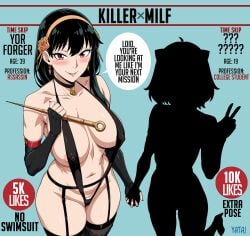 2girls areola_slip black_hair breasts choker elbow_gloves female female_only garter_straps headband holding_hands milf mother older_female sling_bikini spy_x_family text weapon yatagarasupen yor_briar
