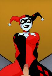 ai_generated batman:_the_animated_series batman_(series) dc dc_comics from_below harley_quinn harley_quinn_(classic) looking_at_viewer looking_down penis precum rear_view warner_brothers