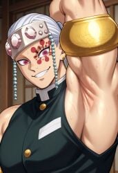 1boy ai ai_art ai_assisted ai_generated armpit armpit_crease armpit_fetish armpit_sweat armpits demon_slayer gay kimetsu_no_yaiba male_focus male_only showing_armpit showing_armpits solo_male sweat sweating sweaty sweaty_armpit sweaty_armpits tengen_uzui uzui_tengen
