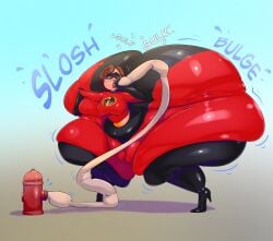 1girls ass boots breasts brown_eyes brown_hair elastigirl eye_mask female female_focus female_only fire_hydrant grabbing_ass helen_parr high_heel_boots hips hose hose_in_mouth hose_inflation hyper_ass large_ass large_breasts milf mother mother overweight overweight_female pixar pixar_mom softest_core superhero superheroine the_incredibles thick_thighs thighs water water_hose water_inflation weight_gain wide_hips