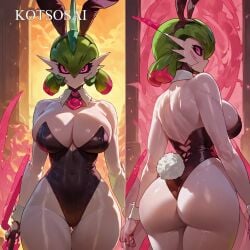 ai_assisted ai_generated big_breasts bunny_ears bunny_tail bunnysuit collar female green_hair iron_valiant kotsosai metallic_body pink_eyes pokemon pokemon_(species) robot_girl sexbot shexyo_(ai_style) slim_waist thick_ass thick_thighs