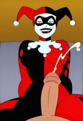 ai_generated batman:_the_animated_series batman_(series) cum dc dc_comics ejaculation from_below harley_quinn harley_quinn_(classic) looking_at_viewer looking_down penis rear_view warner_brothers