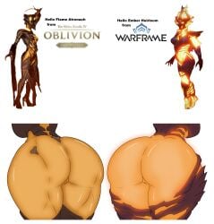 2girls ass ass_focus big_ass big_breasts big_thighs breasts creature crossover dat_ass dialogue ember_(warframe) female female_focus female_only fire flame flame_atronach gigantic_ass gigantic_thighs huge_ass huge_thighs meme methados monster monster_girl pussy tagme text the_elder_scrolls thick_thighs thighs warframe