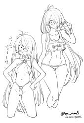 2girls age_difference aged_down ahoge big_breasts bikini blush breast_size_difference dual_persona fangs female female_only gegege_no_kitarou ghost_girl hair_over_one_eye hands_on_hips kitarou_tanjou_gegege_no_nazo line_art long_hair medama_oyaji_(human) mi_am5 milf monochrome name_tag revealing_clothes school_swimsuit skimpy_bikini small_breasts smile swimsuit very_long_hair