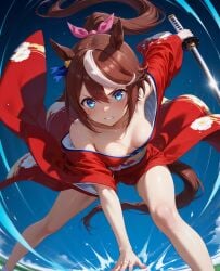 ai_generated animal_ears brown_hair cleavage female horse_girl kimono pony_tail ribbon tokai_teio_(umamusume) two_tone_hair umamusume umamusume_pretty_derby