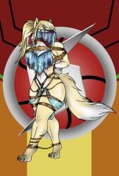 alien angry anthro blonde_hair bondage bondage bound canid canine cloth clothing corsac_fox face_veil female fox fox_samus_aran fur gag gagged hair harem harem_jewelry harem_outfit hi_res jewelry lovemummification mammal metroid metroid_(species) muscular muscular_female nintendo otn_gag ponytail rope samus_aran solo translucent translucent_clothing true_fox