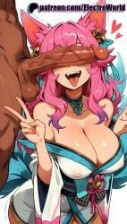 1boy 1girls 2025 ahri ai_generated animal_ears artist_name balls bare_shoulders bell big_breasts big_chest breasts bust busty chest cleavage cock collarbone covered_nipples dark-skinned_male dick electroworld erection female fox_ears fox_tail heart hi_res high_quality high_resolution highres jingle_bell large_breasts league_of_legends long_hair male male_pubic_hair off_shoulder open_mouth patreon patreon_username penis pink_hair pubic_hair riot_games stable_diffusion straight tail testicles tongue tongue_out v watermark