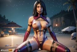 1girls abs ai_generated beach beach_umbrella black_hair breasts elbow_gloves gloves glowing_eyes hi_res large_breasts leotard looking_at_viewer medium_breasts medium_hair mileena mileena_(mk9) mortal_kombat mortal_kombat_(2011) navel night night_sky nipples outdoors palm_tree rule34lab sand seashell sitting skull sky solo spread_legs star_\(sky\) starry_sky thighhighs tree umbrella yellow_eyes