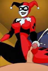ai_generated batman:_the_animated_series batman_(series) cum dc dc_comics ejaculation from_below harley_quinn harley_quinn_(classic) looking_at_viewer looking_down penis rear_view warner_brothers