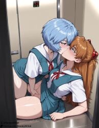 2girls ai_generated asuka_langley_sohryu blush bottomless female fingering kissing medium_breasts neon_genesis_evangelion no_panties pussy_juice pussy_juice_drip rei_ayanami school_uniform self_upload starskyai vaginal_penetration yuri