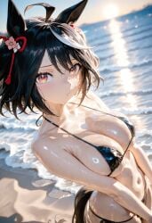 ai_generated animal_ears animal_tail black_bikini black_hair breasts female hair_ornament horse_girl kitasan_black_(umamusume) red_eyes shiny_skin two_tone_hair umamusume umamusume_pretty_derby