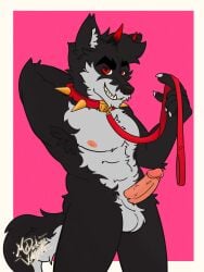 1boy 3:4 bodily_fluids canid canine canis collar dantalos demon erection genital_fluids genitals hi_res humanoid_genitalia humanoid_penis hybrid leaking_precum male male/male male_only mammal mrdarknesswolf penis precum proud solo spiked_collar spikes wolf