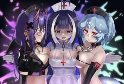 3girls akuma_nihmune bao_(vtuber) black_gloves blue_eyes blue_hair breasts cleavage clothed clothing des_hatsumine devious_grin female female_only glasses hat huge_breasts indie_virtual_youtuber light-skinned_female light_skin looking_at_viewer nurse_cap nurse_uniform orca_girl pink_eyes purple_hair red_eyes round_glasses shylily tail the_bikini_bottoms tongue tongue_out trio uniform virtual_youtuber whale_girl whale_tail white_gloves
