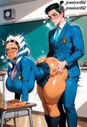 1boy age_difference ahsoka_tano ai_generated alien anal ass ass_grab ass_ripple bangs bent_over black_hair blazer blue_eyes blue_necktie blue_skirt blush bottomless breasts chair chalkboard classroom clothed_sex clothes_pull clothing collared_shirt colored_skin cosplay cum dark_skin desk doggy_style english_text facial_mark female fingernails footwear from_behind groping heart height_difference huge_ass huge_breasts indoors jacket jennieart02 large_ass large_breasts leaning_forward legwear light-skinned_female light_skin lips long_sleeves male miniskirt necktie neckwear orange_skin pants patreon patreon_logo patreon_username penis pleated_skirt rolling_eyes school_desk school_uniform semen sex sex_from_behind shiny_skin shirt shoes skirt skirt_lift socks solo_focus standing standing_sex star_wars straight sweat taken_from_behind text thick_thighs thighs trembling twitter twitter_username uniform vaginal_penetration watermark white_shirt window