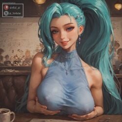 ai_generated aisinful big_breasts blue_hair breasts cafe covered_nipples cute date female grabbing grabbing_own_breast hi_res huge_breasts k/da_series large_breasts league_of_legends ponytail pov pov_eye_contact seraphine_(league_of_legends)