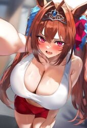 ai_generated animal_ears breasts daiwa_scarlet_(umamusume) female hips horse_girl looking_at_viewer pussy red_eyes ribbon_in_hair tank_top tiara twintails umamusume umamusume_pretty_derby