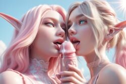 2girls 3d ai_generated blowjob blue_eyes cum elf pink_hair