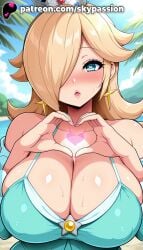 1girls 2025 ai_assisted ai_generated anime aqua_bikini aqua_dress artist_name bare_shoulders beach big_breasts bikini blonde_hair blue_sky blush breast breasts bust chest cleavage clothed_female cloud collarbone day earrings female_focus female_only giant_breasts hair_over_one_eye heart heart-shaped_pupils heart_hands heavy_breasts hi_res high_quality high_resolution highres huge_boobs huge_breasts jewelry long_hair looking_at_viewer mario_(series) mario_and_luigi_(series) massive_boobs massive_breasts nintendo ocean outdoors palm_leaf palm_tree patreon patreon_username plant princess rosalina rosetta_(super_mario_galaxy) sky skypassion solo stable_diffusion star_(symbol) star_earrings summer super_mario_bros. super_mario_galaxy sweat swimsuit symbol-shaped_pupils tree upper_body watermark